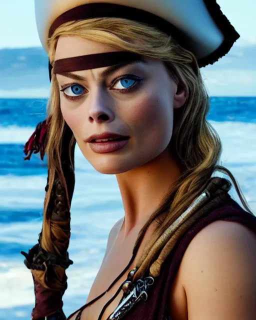 Prompt: a photo of blue eyed margot robbie as a pirate, cinematic, award winning, 4k