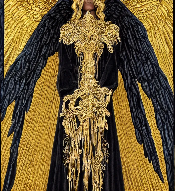 Image similar to full length picture of the angel of death wearing black robes with gold wings in an elaborate cathedral, high octane, 8k, ultra detailed, photorealistic