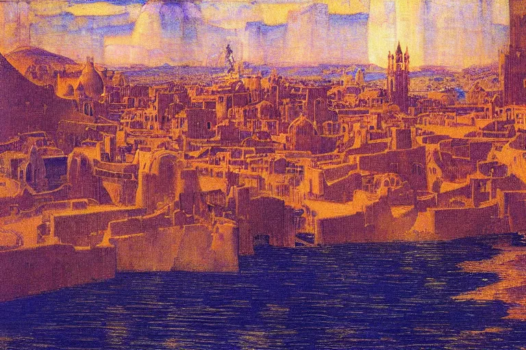 Image similar to ancient moorish city by the sea by Annie Swynnerton and Nicholas Roerich and jean delville, strong dramatic cinematic lighting , ornate painted architecture, lost civilizations, smooth, sharp focus, extremely detailed