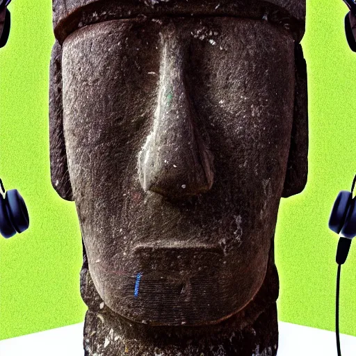 Image similar to a high detail photo of a moai wearing headphones, subject: moai, subject detail: wearing headphones