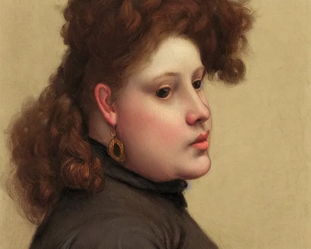 Prompt: colored portrait. the same style. a very unique profile, seen from the side, medium shot, of a woman's profile, with fat face, a straight and long nose, and huge and prominent eyes. her hair is curly. old photograph. sharp image. academicism, highly detailed, color harmony, art station, ornate, caravaggio style. old photography