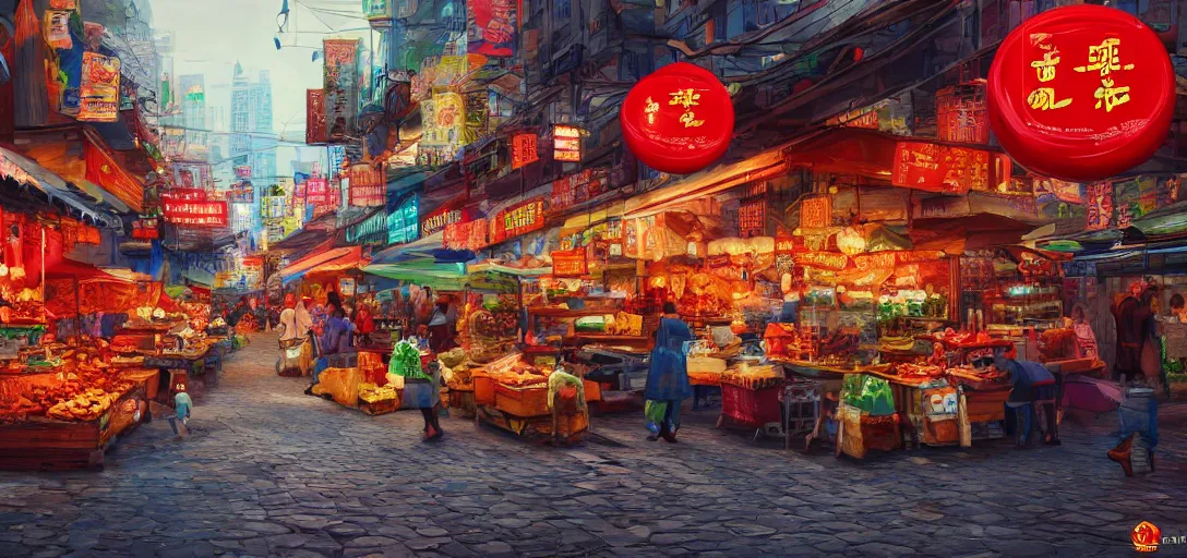 Prompt: chines food and market street Concept Art, vibrant colors, 8k photorealistic, cinematic lighting, HD, high details, dramatic, trending on artstation