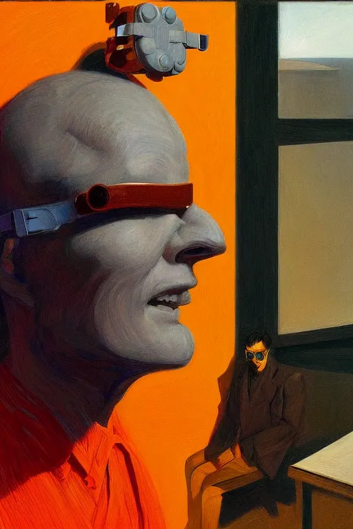 Image similar to sathoshi nakamoto wearing oculus and bitcoin over his head edward hopper and james gilleard, zdzislaw beksisnski, higly detailed