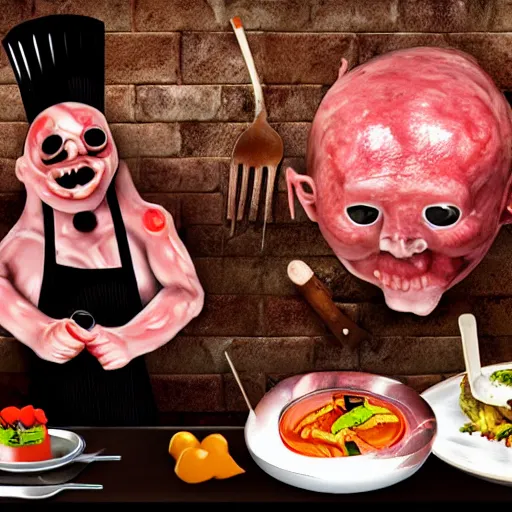 Image similar to human meat restaurant, horror, nightmare, cook, food, cooking