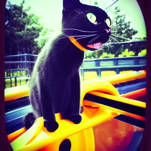 Image similar to black cat on a rollercoaster. focus on cats face. sunlight. polaroid photo. bright colors.