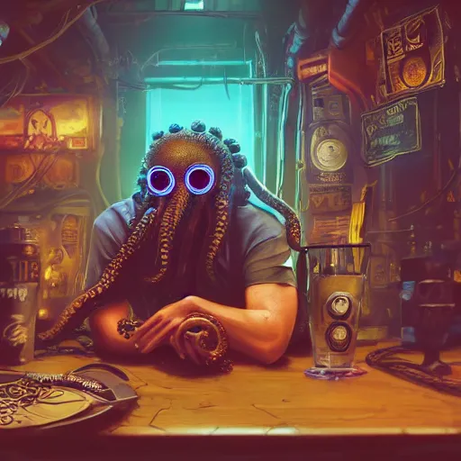 Image similar to a high quality portrait of octopus Davy Jones in a cyberpunk cyberpunk cyberpunk cafe, realism, 8k, award winning photo