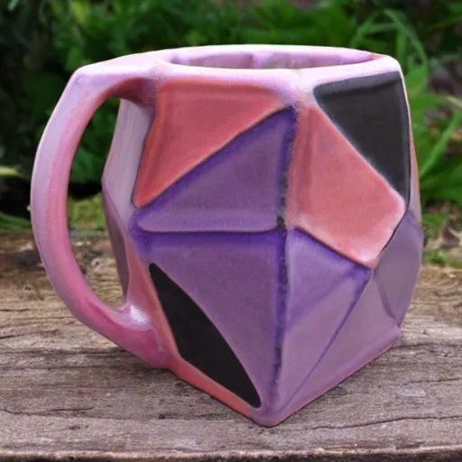 Image similar to icosahedron geodesic triangle pottery mug glazed with pearlescent purples and pinks