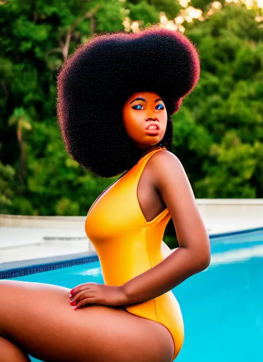 Image similar to a plump afro girl on the edge of the pool in a galographic swimsuit, a swimsuit with a lock on the chest, afro pigtails hairstyle, sunset mood, vogue style, composition, perfect composition, medium close - up ( mcu ), cannon ef 6 5 mm f / 2. 8 8 k