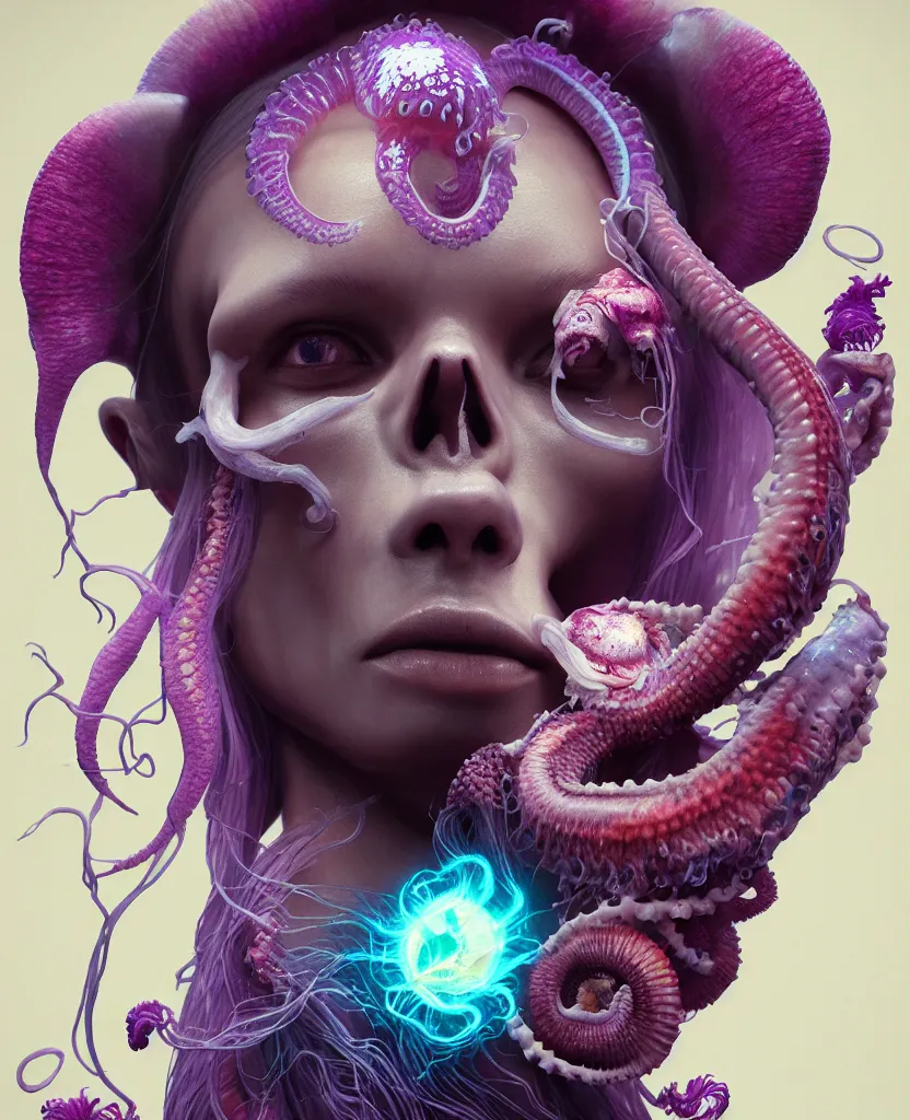 Image similar to goddess close - up portrait human skull, ram skull, squid phoenix jellyfish, orchid, betta fish, bioluminiscent, intricate artwork by tooth wu and wlop and beeple. octane render, trending on artstation, greg rutkowski very coherent symmetrical artwork. cinematic, hyper realism, high detail, octane render, 8 k