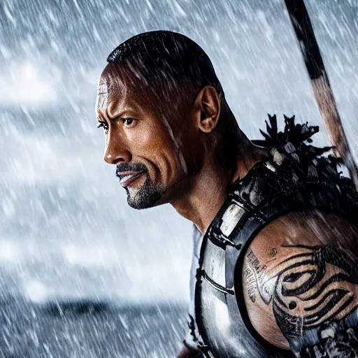 Prompt: Dwayne Johnson as samurai , under rain, dramatic, war ambience, an film still