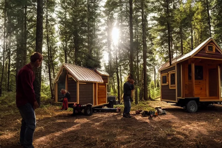 Image similar to movie scene, real life team of gnome people building a tiny house in their forest village natural lighting by emmanuel lubezki