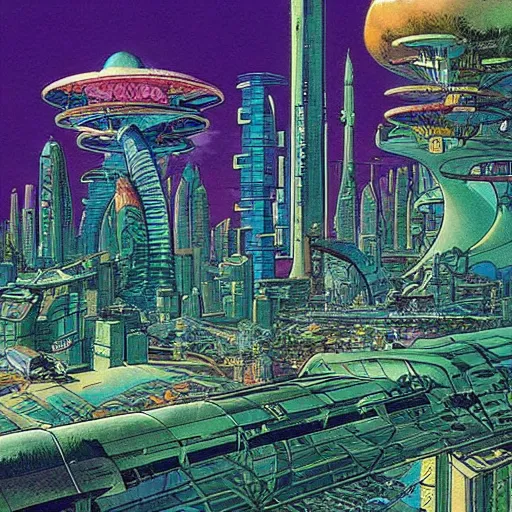 Prompt: beautiful solarpunk city, built from the shell of a crashed spaceship, verdant and lush, art by moebius, illustration