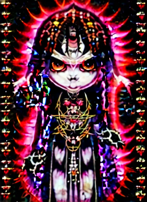 Image similar to baroque bedazzled gothic royalty frames surrounding a pixelsort emo demonic horrorcore japanese yokai doll, low quality sharpened graphics, remastered chromatic aberration spiked korean bloodmoon sigil stars draincore, gothic demon hellfire hexed witchcore aesthetic, dark vhs gothic hearts, neon glyphs spiked with red maroon glitter breakcore art by guro manga artist shintaro kago