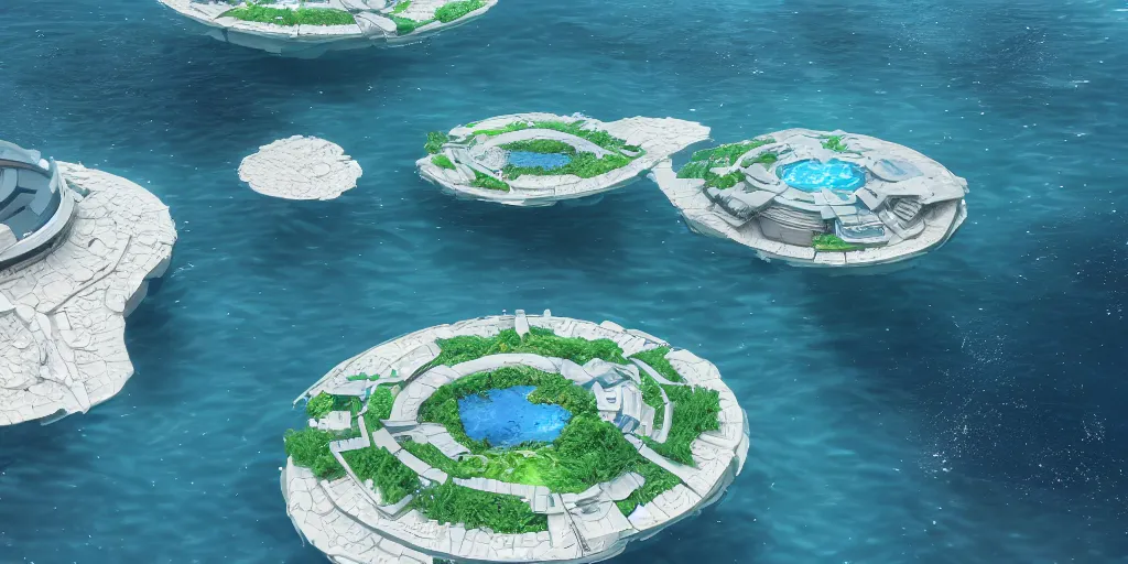 Image similar to circular floating ocean settlement, low angle view, fusion of subnautica and star trek, by noriyoshi ohrai, soft natural volumetric lighting, beautifully detailed 4 k octane render, 4 k post processing