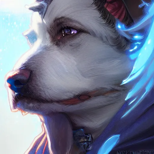 Image similar to Portrait of dog sorcerer, D&D, blue eyes, face, fantasy, intricate, elegant, highly detailed, digital painting, artstation, concept art, smooth, sharp focus, illustration, art by artgerm and greg rutkowski and alphonse mucha