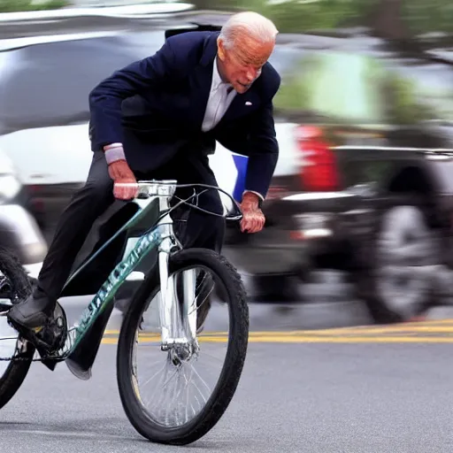 Image similar to ultra realistic photo of joe biden falling off of his bike, film, perfect face, in the style of a candid photo