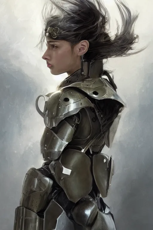 Image similar to a professional portrait of an attractive young female, clothed in military-style battle armor, olive skin, long dark hair, beautiful bone structure, symmetrical facial features, intricate, elegant, digital painting, trending on Artstation, concept art, smooth, sharp focus, illustration, finely detailed, from Metal Gear by Ruan Jia and Mandy Jurgens and Artgerm and William-Adolphe Bouguerea, award winning