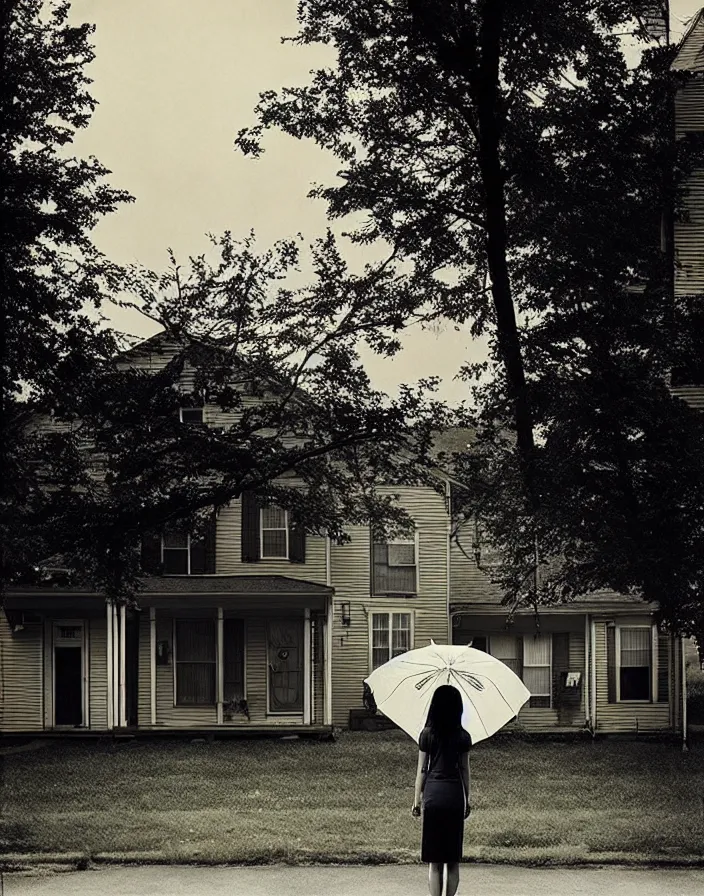 Prompt: “ gregory crewdson, photograph, quiet american neighborhood, a woman waiting holding a transparent umbrella ”