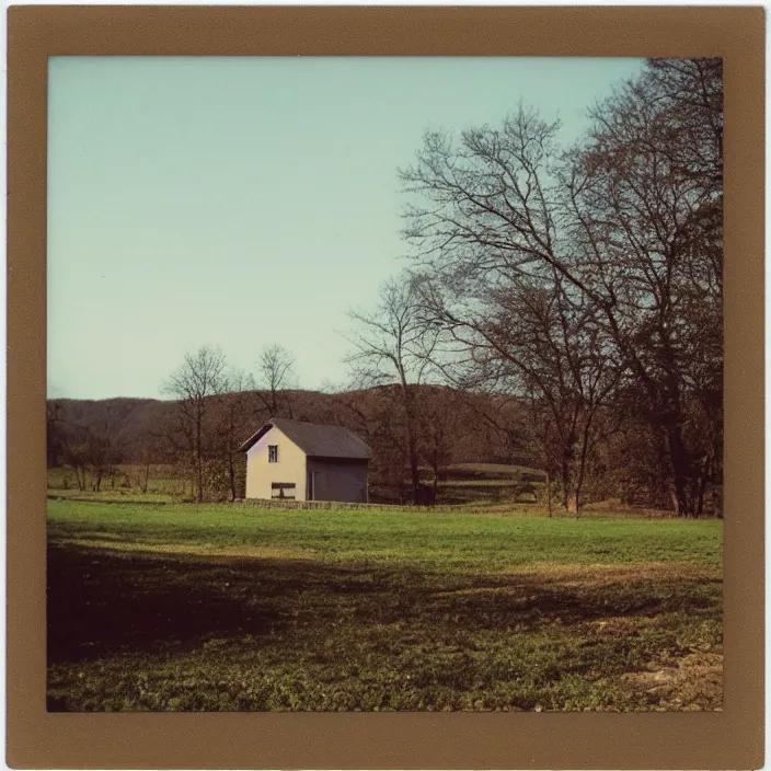 Prompt: a building in a serene landscape, polaroid photo