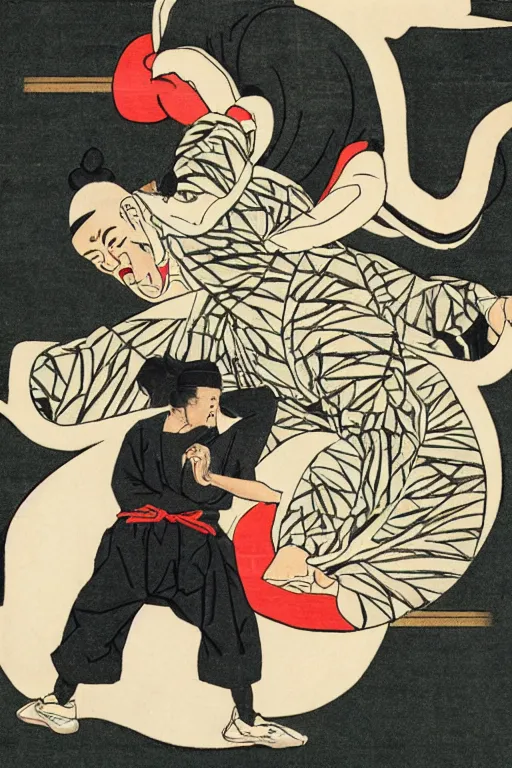 Prompt: Ukiyo-e art of squatting man in black Adidas tracksuit