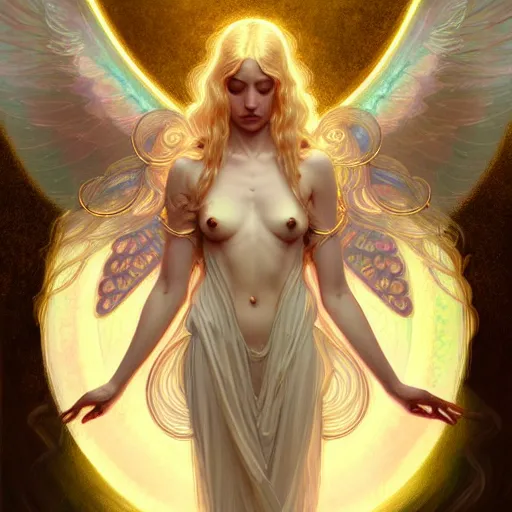 Image similar to Winged girl angel covered in eyes with blonde hair and glowing halo, iridescent, seraphim, fantasy, intricate, elegant, highly detailed, digital painting, artstation, concept art, smooth, sharp focus, illustration, art by Krenz Cushart and Artem Demura and alphonse mucha