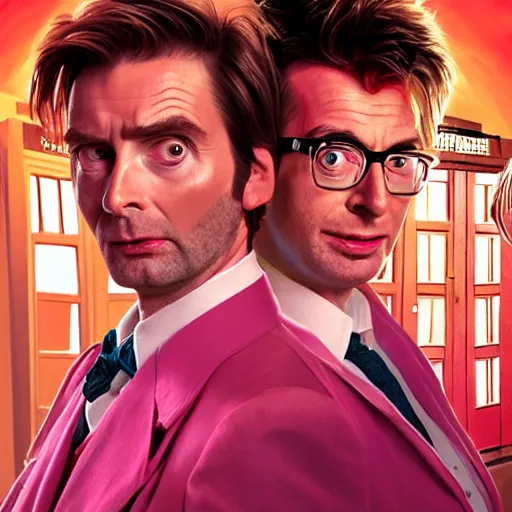 Image similar to david tennant as tenth doctor who and donald trump in pink clothes in tardis, highly detailed, artstation, concept art, fantasy, smooth, sharp focus, illustration, perfect face, art by nikolay makovsky, jacek malczewski, arthur hughes, edward okun, franz xaver winterhalter