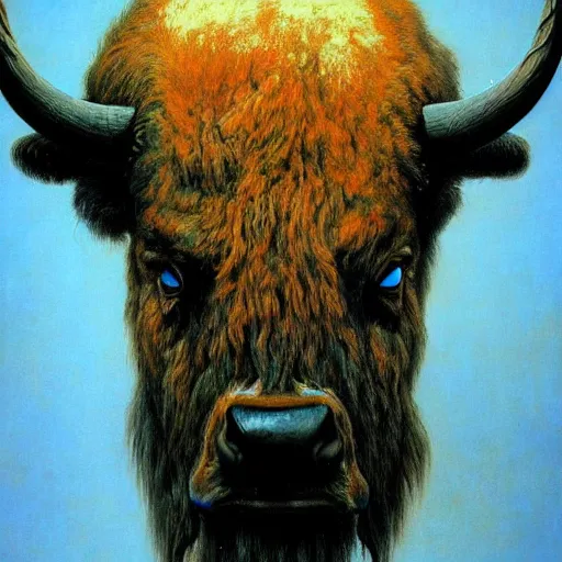 Image similar to Angry Humanoid Bison portrait, dark fantasy, blue, Warhammer, artstation painted by Zdzisław Beksiński and Wayne Barlowe