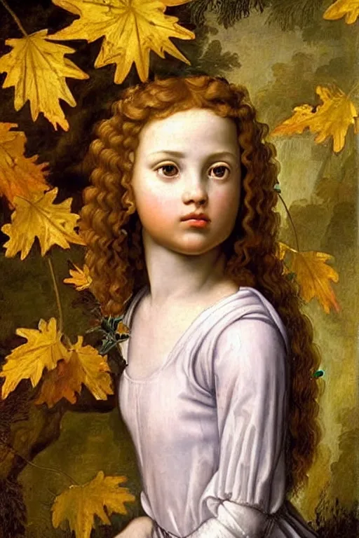 Prompt: renaissance painting of young girl soldier in the garden, closeup, curly long hair, face closeup, emotions closeup, dressed in roman armour, the beautiful garden with maple leaves everywhere, ultra detailed, art by guido reni style, vincenzo catena style