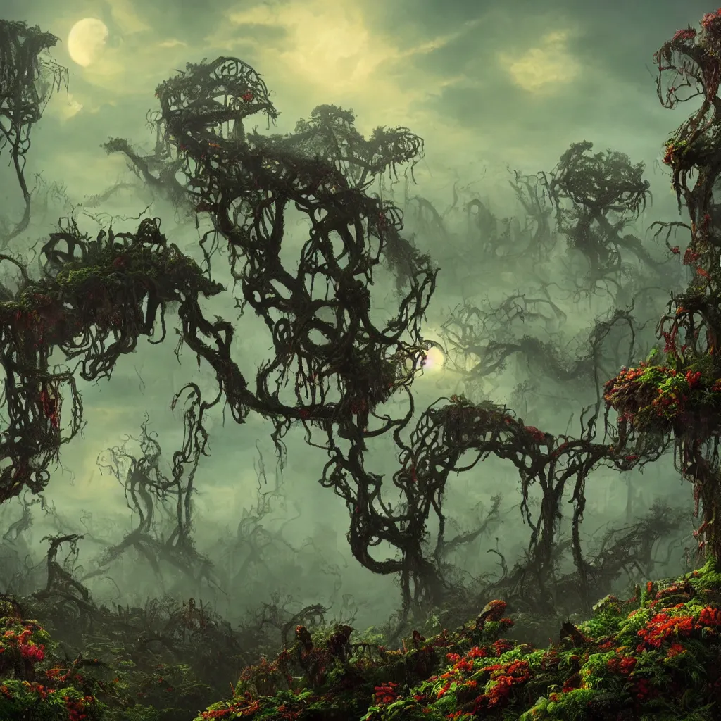 Image similar to An incredibly beautiful but ominous matte painting depicting a profusion of evil carnivorous vines and colorful flowers and lush exotic trees and bloated toadstools, with horrifying huge burning eyes and jagged bloody teeth, overgrowing a desolate ruins submerged in fog beneath the setting sun, nvidia, vray, evening, epic scale