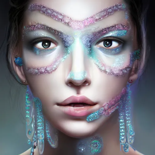 Prompt: ice face fractal jewellery portrait of a woman, inspired by mandy jurgens, face accessories, light make up, 4 k, high detailed, illustration