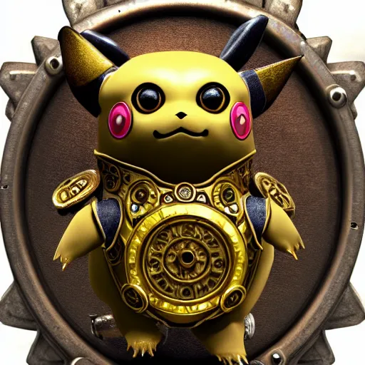 Image similar to A steampunk pikachu made from ornate engraved full plate armor and gears and several jewels, macro shot by Justin Gerard, unreal engine, physically based rendering