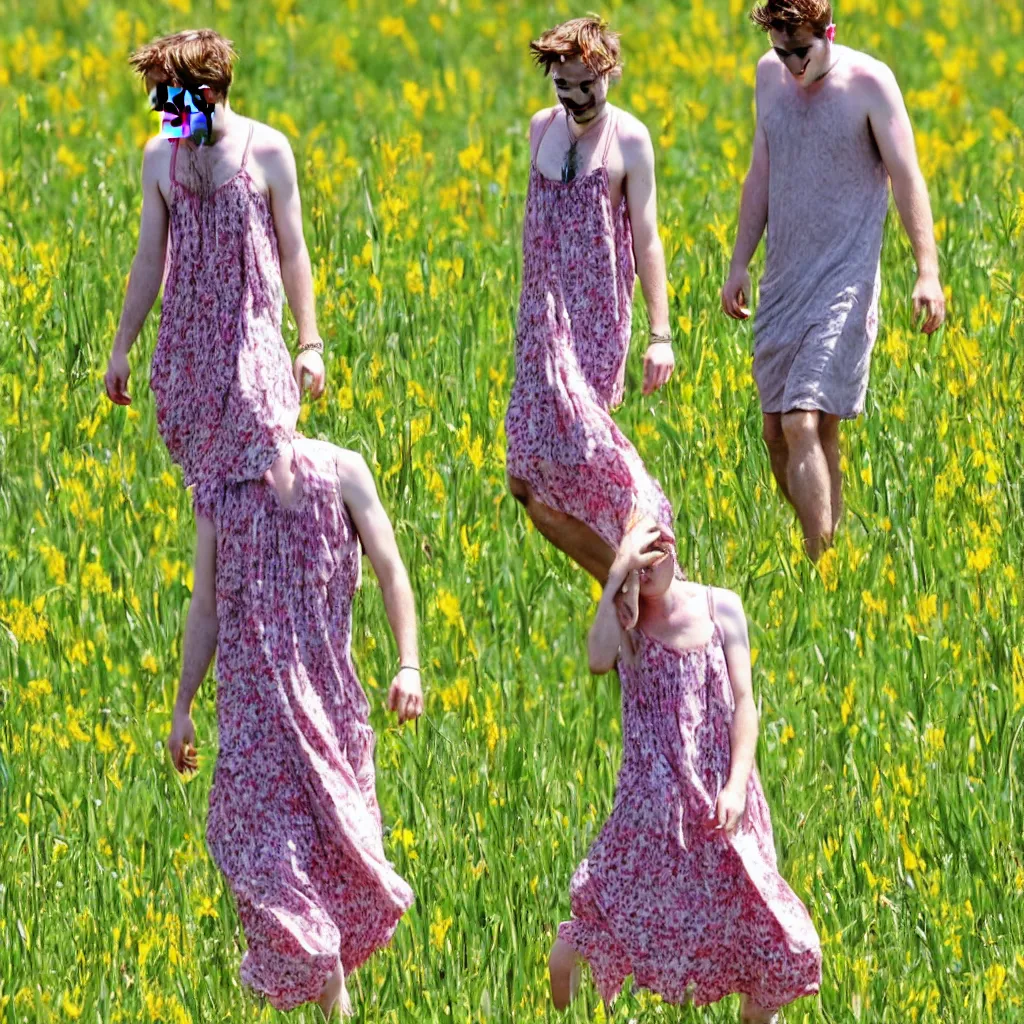 Image similar to robert pattinson in a sundress frolicking through a field