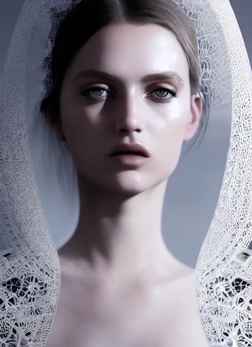 Image similar to portrait of a fierce nubile young woman with reflections in her eyes and white makeup and long dark hair, painted in futuristic white latex, waves of billowing doily dress, clear skin, elegant, graceful, fashionable, cinematic, hyperdetailed illustration by irakli nadar and alexandre ferra, depth of field, global illumination,