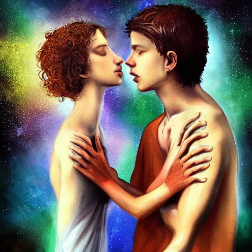 Image similar to two star crossed lovers at the end of time, artstation hall of fame gallery, editors choice, #1 digital painting of all time, most beautiful image ever created, emotionally evocative, greatest art ever made, lifetime achievement magnum opus masterpiece, the most amazing breathtaking image with the deepest message ever painted, a thing of beauty beyond imagination or words