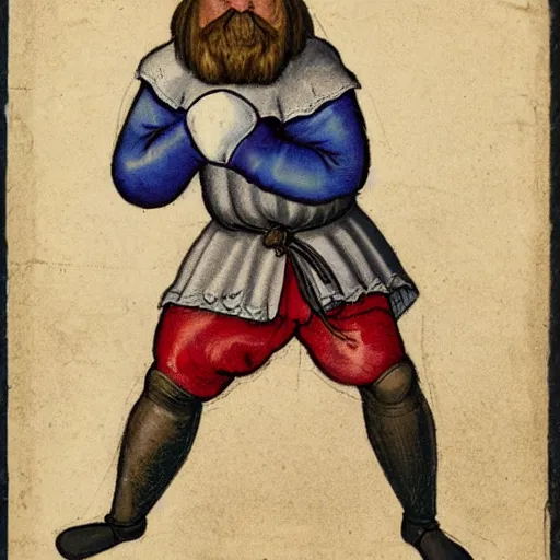 Image similar to a medieval peasant wearing boxing gloves ready to fight