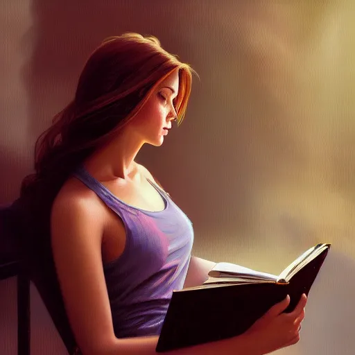 Image similar to hyperrealistic oil painting of a girl reading a book, realistic shaded perfect face, extremely fine details, realistic shaded lighting, stormy background, artgerm, 8 k ultra realistic, highly detailed, art by christopher balaskas, alphonse mucha, craig mullins, alena aenami, ultra detailed