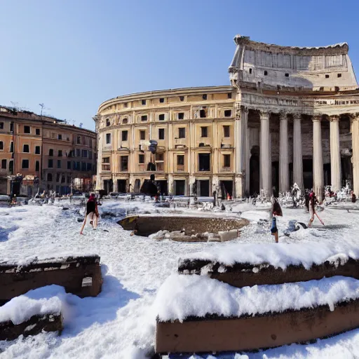 Prompt: The city of Rome under the snow on August. It's snowing everywhere on the entire cityscape of Rome under a blue sky and a very hot sun. It's crazy hot. People wear swimsuits and are very puzzled.