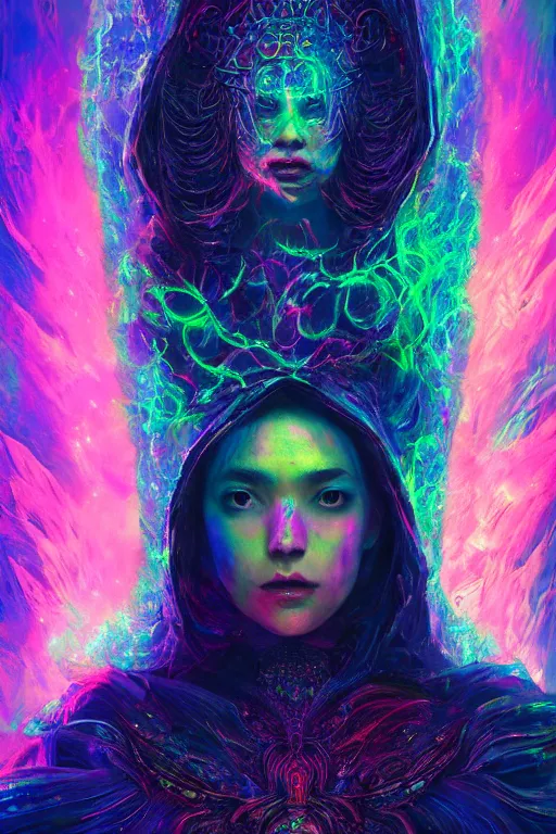 Prompt: a psychedlic full body portrait of a mysterious goddess with a very long hooded cloak made of stars and clouds, by maciej kuciara and jason chan, ominous, cosmic horror, trending on artstation, ultra detailed, hyper realistic 4 k, volumetric light, iridescent,