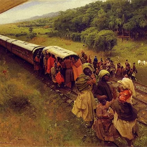 Image similar to train travelling in nigeria, from above, 1885, highly detailed oil on canvas, by Ilya Repin