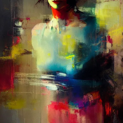 Prompt: abstract painting of a woman in bright colours by jeremy mann