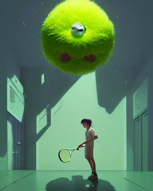 Image similar to highly detailed vfx portrait of a character of a tennis ball monster stephen bliss, unrealengine, greg rutkowski, loish, rhads, beeple, makoto shinkai and lois van baarle, ilya kuvshinov, rossdraws, tom bagshaw,