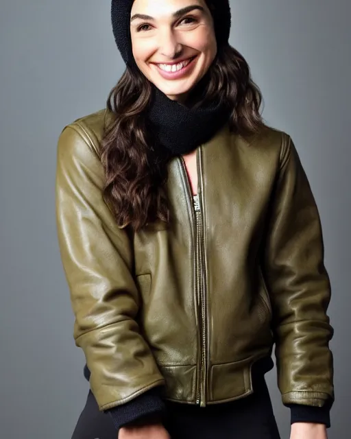 Image similar to headshot of a smiling, gal gadot, she is wearing a leather bomber cap on her head, she is also wearing an a 2 flight jacket, a long green wool scarf is wrapped around her neck