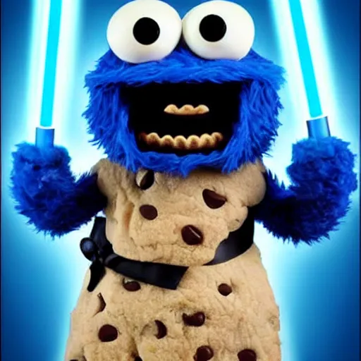 Image similar to angry cookie monster holding a lightsaber, epic anime style.