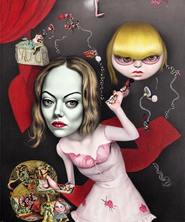 Prompt: portrait of Emma Stone in wonderland, lowbrow painting by Mark Ryden