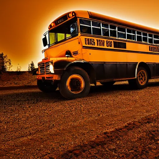 Image similar to a school bus driving on a dirt road at night photography high quality