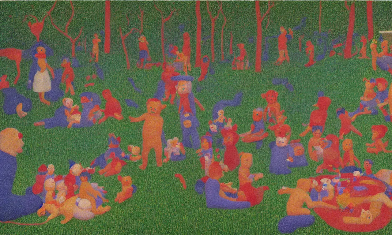 Prompt: a teddy bear birthday party, from the terrifying and incomprehensible beyond, body horror, by david hockney, seurat technicolor