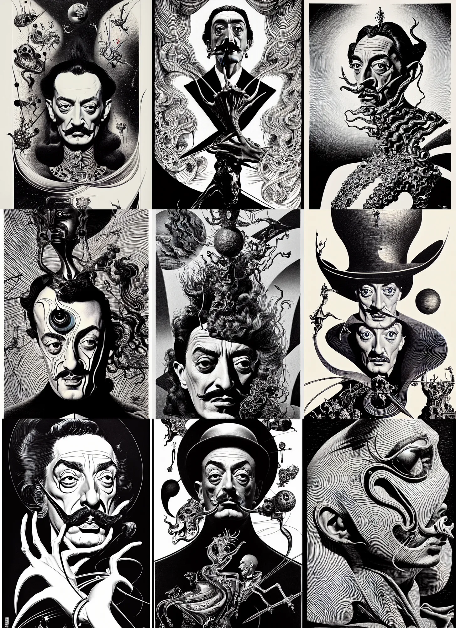 Prompt: salvador dali, extremely detailed, bold line art, by vincent di fate and joe fenton and artgerm, inking, etching, screen print, masterpiece, trending on artstation, sharp, high contrast, hyper realistic, hd, 4 k, 8 k