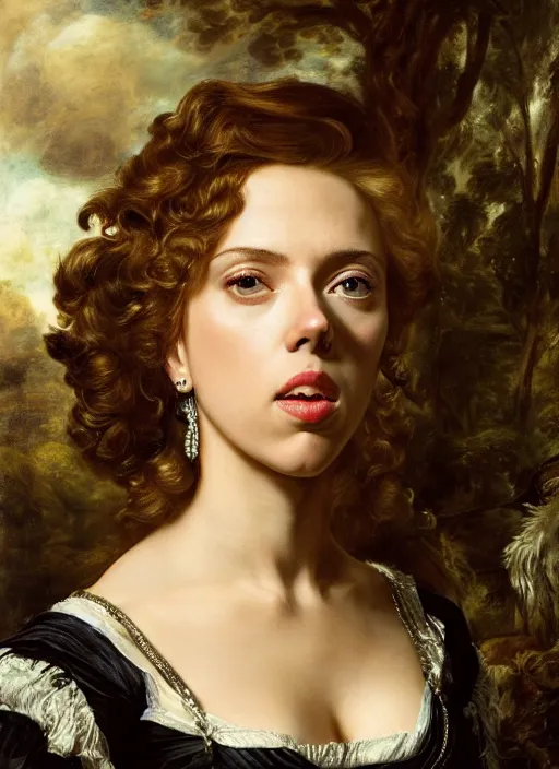Image similar to Beautiful ,black cannery , Scarlett Johansson,, Dramatic, Edge, Good, Infused, Backlight, De-Noise, VFX, insanely detailed and intricate, hypermaximalist, facial ,elegant, ornate, hyper realistic, super detailed, by Anthony Van Dyck, by Ivan Shishkin, by John Constable