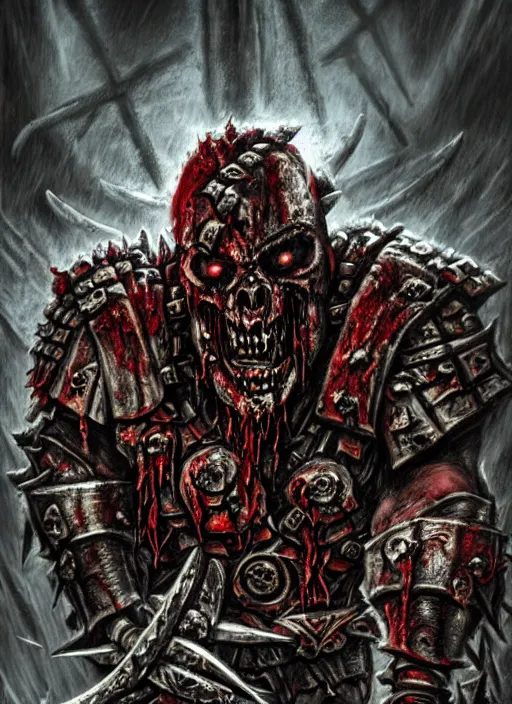 Image similar to berserker of khorne, blood warrior, evil, bloody axe, screaming, insanity, anger, psychopath, intricate, bloody runes, runes, yellow and brown lighting, bottom up lighting, warhammer, warhammer 4 0 k, highly detailed, digital painting, concept art, sharp focus, illustration, psychedelic, grim dark, moody, gloomy, art by john blanche