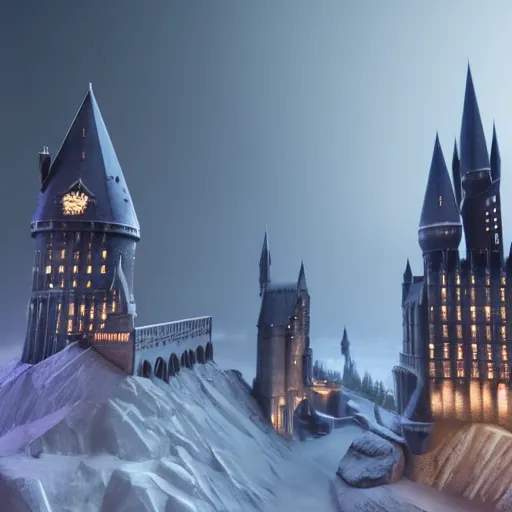 Prompt: hogwarts towers, night sky, mid shot, ultra detailed, hyperrealistic, octane render, unreal engine, snow, mist and fog, depth of field, intricate details, ornate